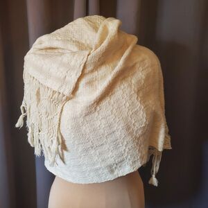 Off-White Cream Weave Shawl Scarf Wrap w/ Fringe - Boho, Natural, Vintage Vibe
